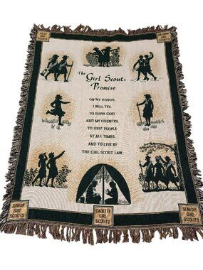 Girl Scout Blanket Girl Scout Promise/Law Woven Throw Blanket 1990s 63x47.5